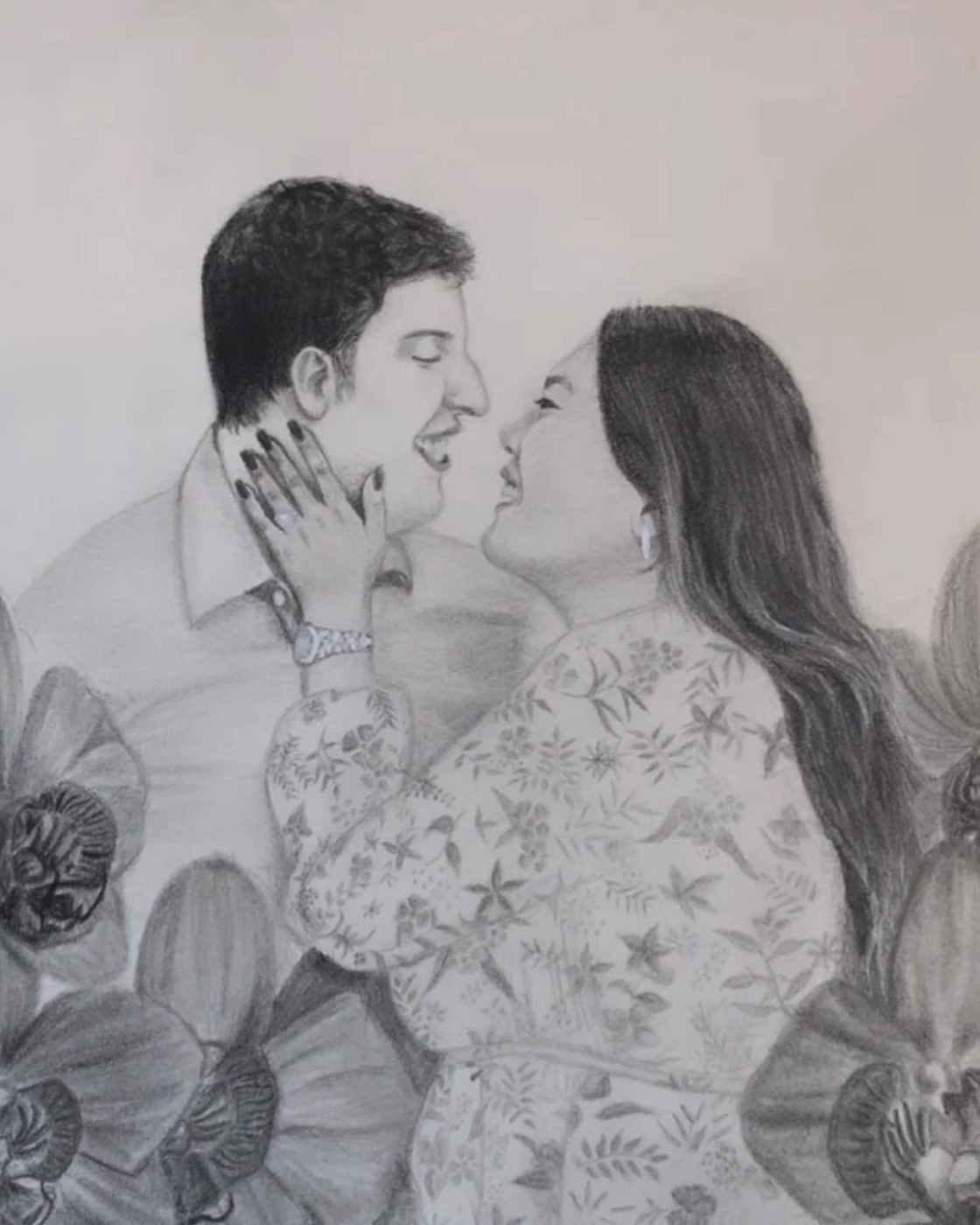 The Bride and her Groom, a graphite drawing of a couple embracing