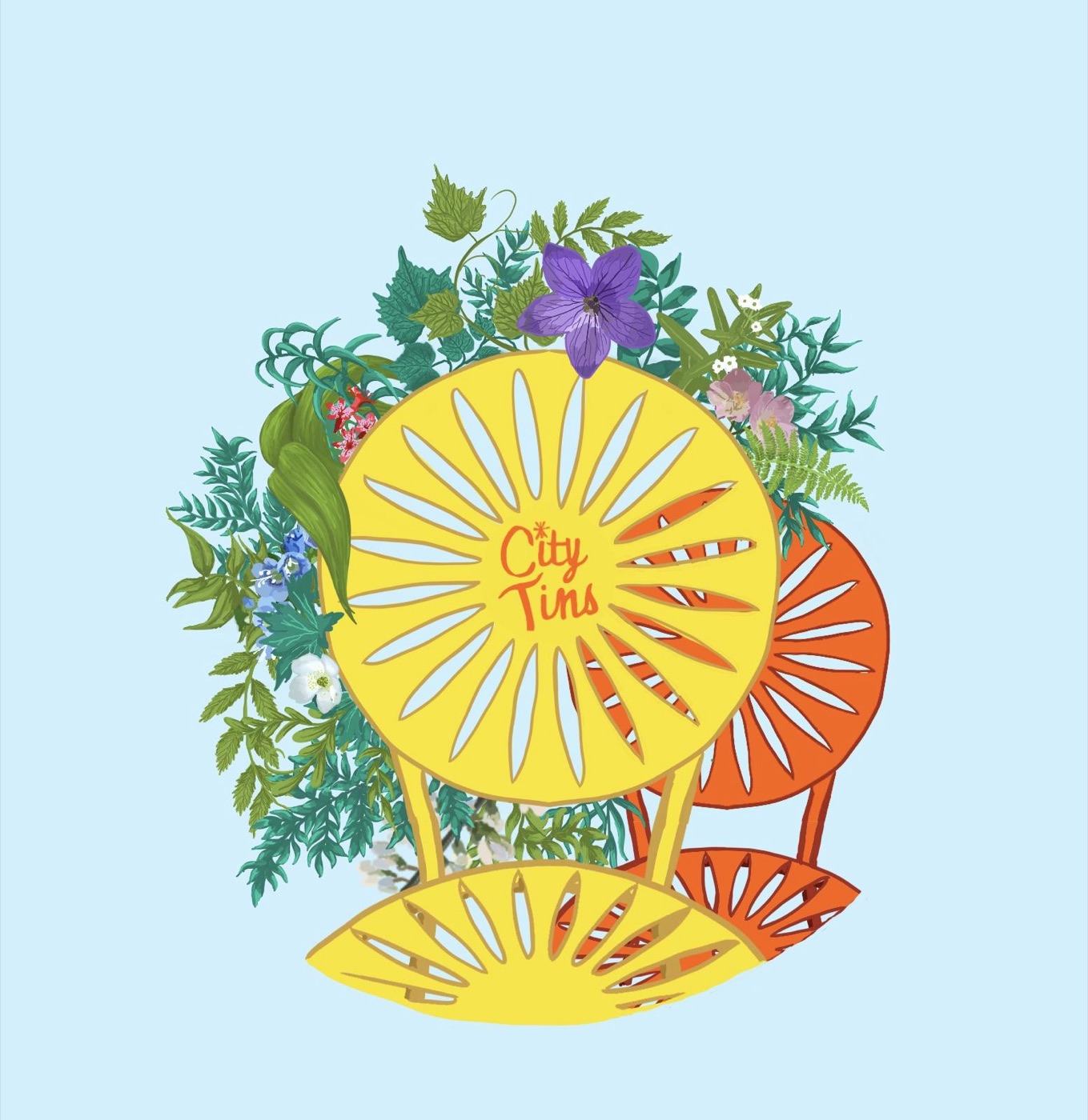 City Tins 2024 Edition Cover for Madison, WI, a digital illustration of colorful chairs and florals