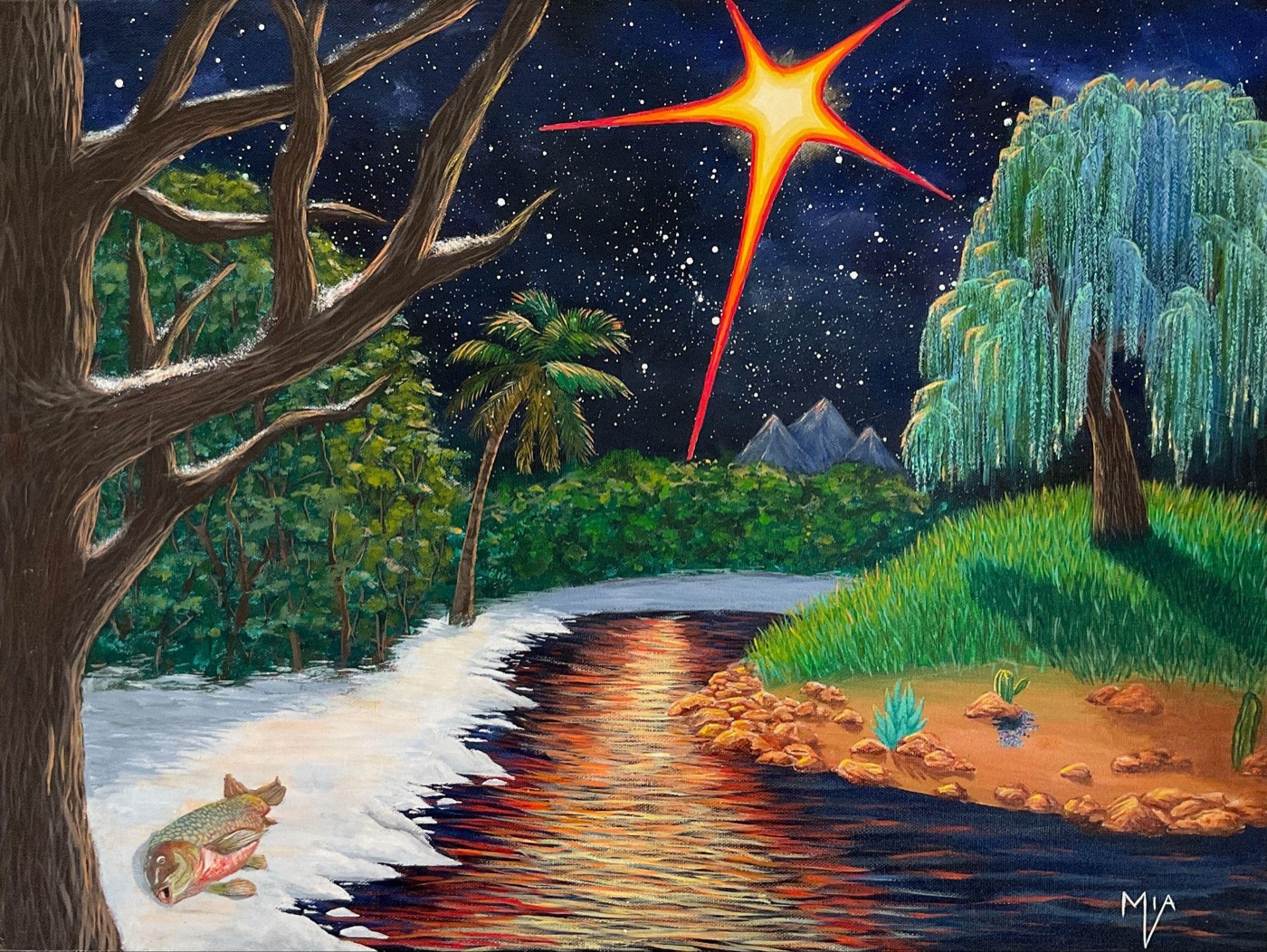 The Convolution of You, a night landscape painting of a river, willow tree, and shooting star