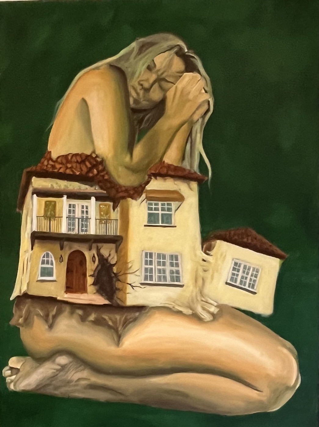 Give Me Only What's Familiar, a painting of a large figure curled around a house