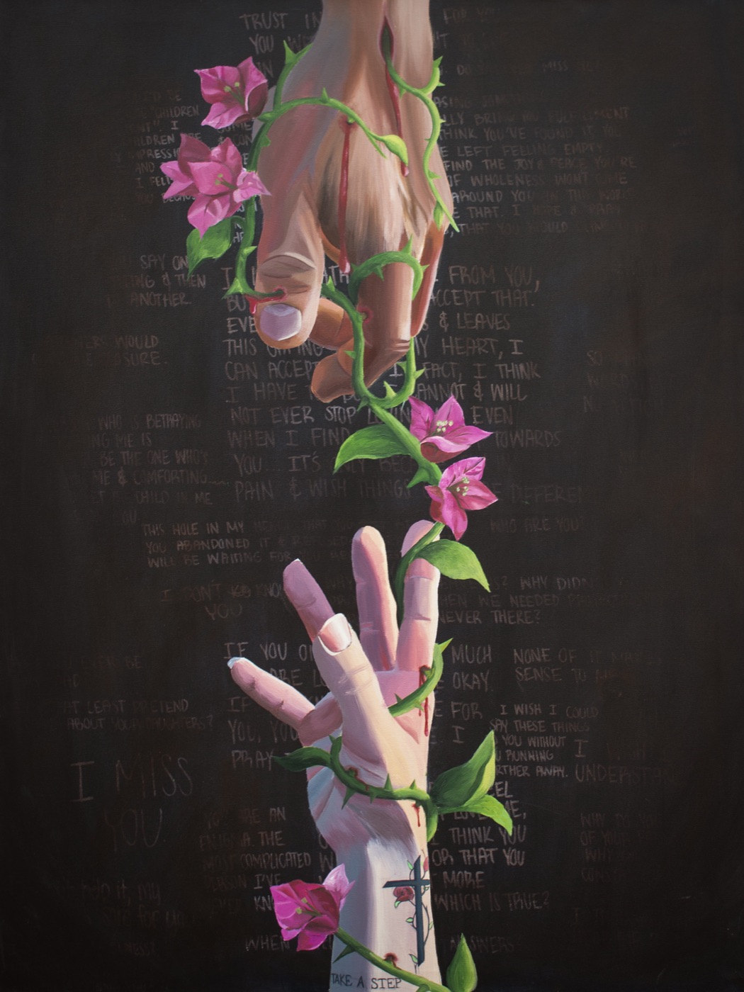LEGACY, a painting of a hand wrapped in thorned vines against a dark background