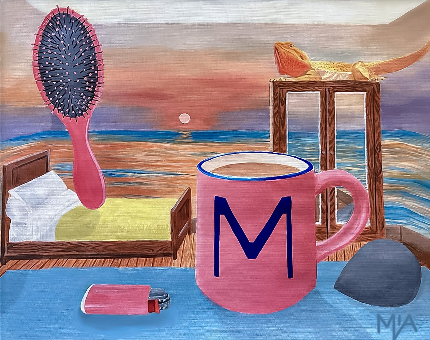 Magritte's Personal Values, Reinvented, a surrealist still life painting