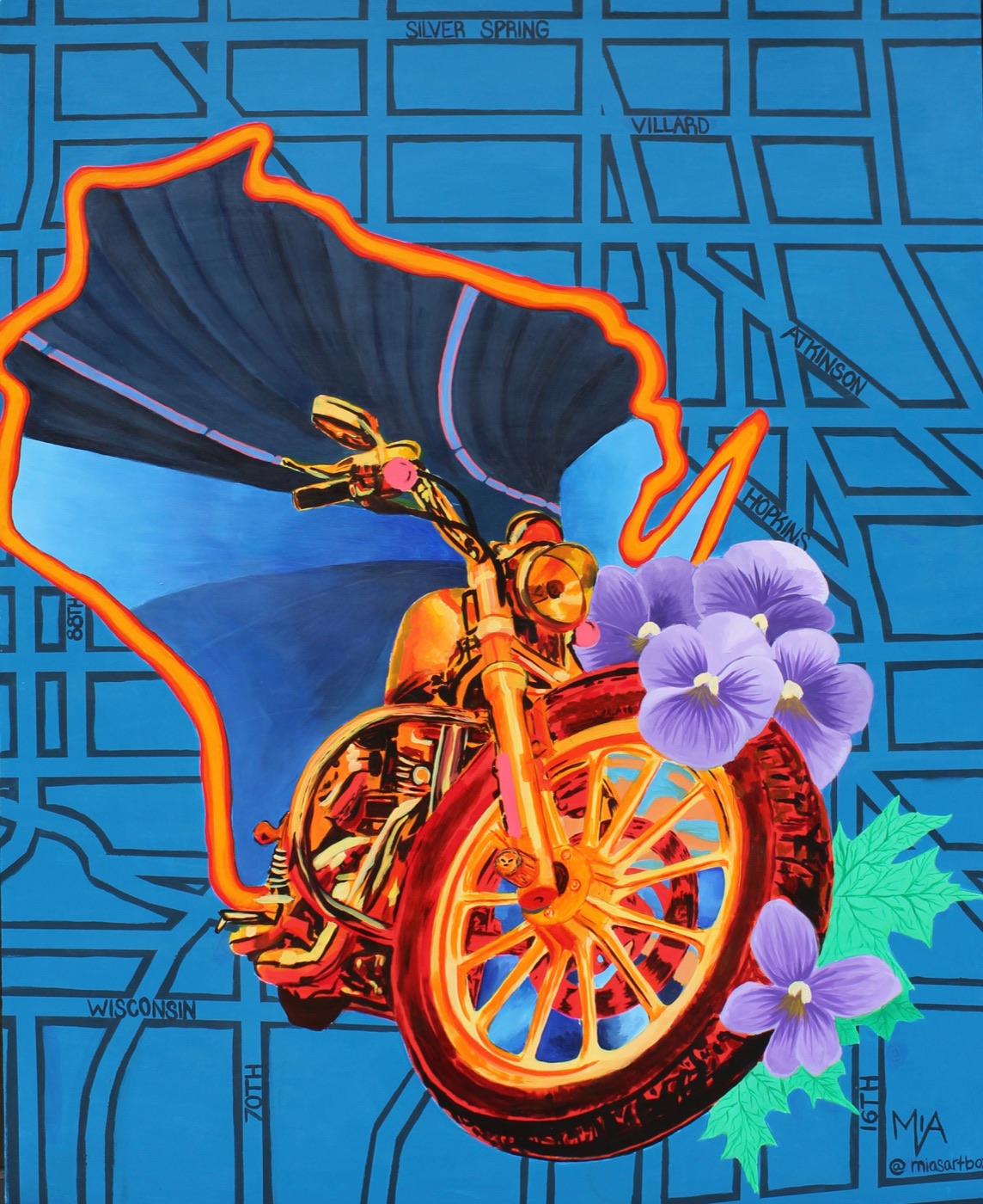 Milwaukee, a painting of a motorcycle over a map of Wisconsin