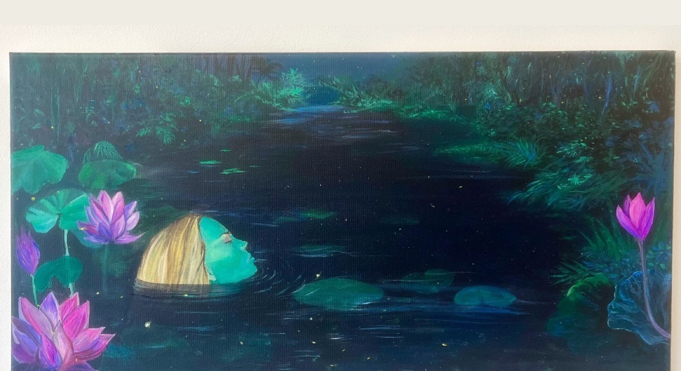 New Beginnings, a painting of a face floating in a dark lily pond surrounded by lotus flowers
