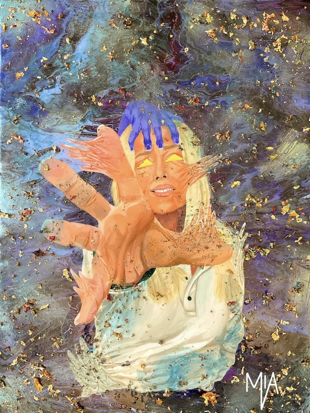 Piercing the Veil, a mixed-media painting of a figure reaching through a dreamlike, gold-flecked space