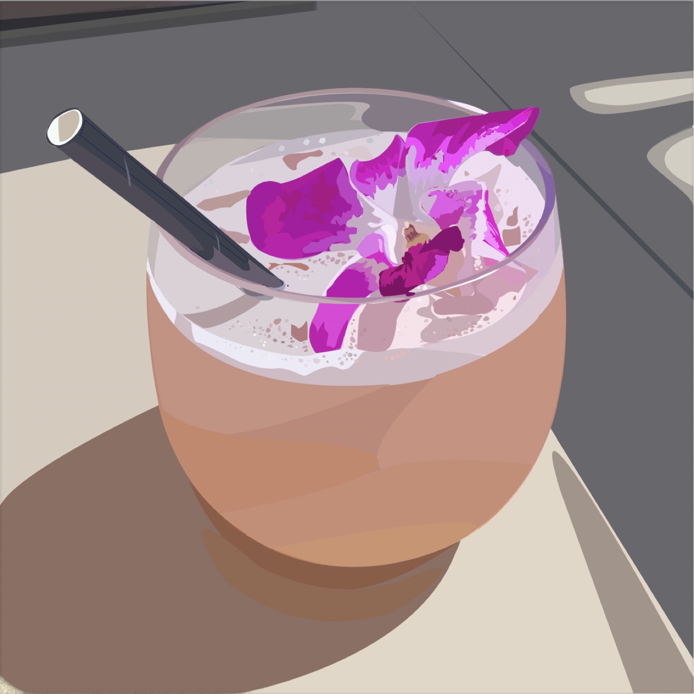 Pink Petals & Spirits, a digital painting of a pink cocktail with orchid petals