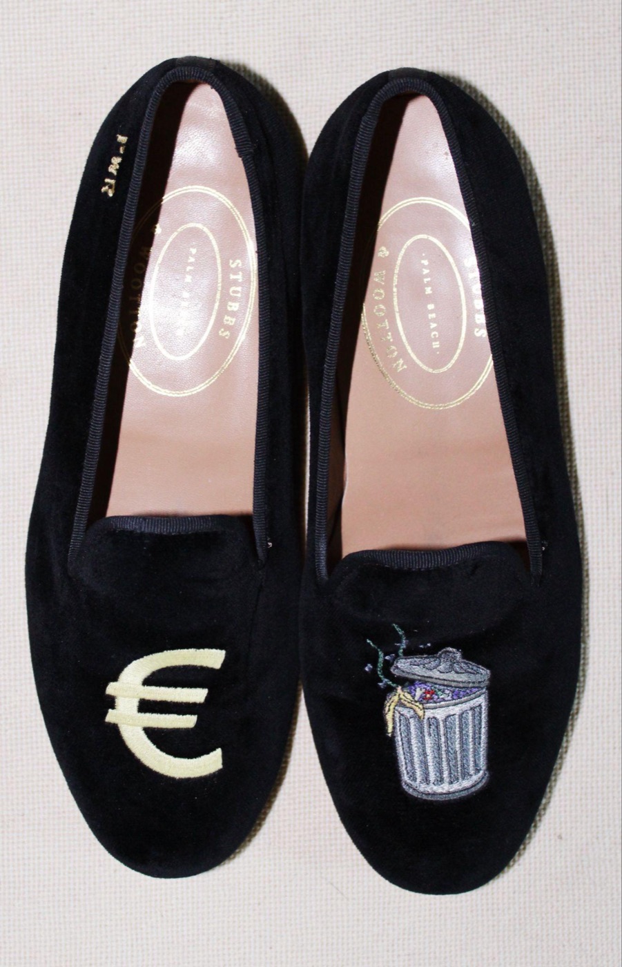 Stubbs & Wootton Trashcan Design, embroidered velvet loafers