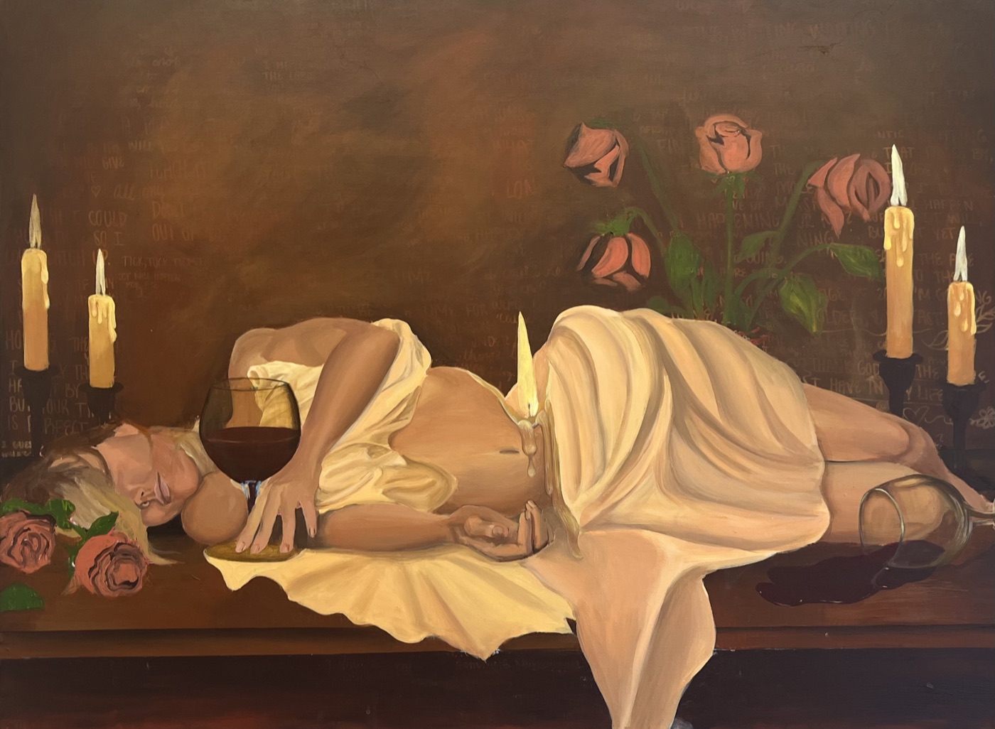 Surrender, a painting of a woman lying on a table surrounded by candles and roses