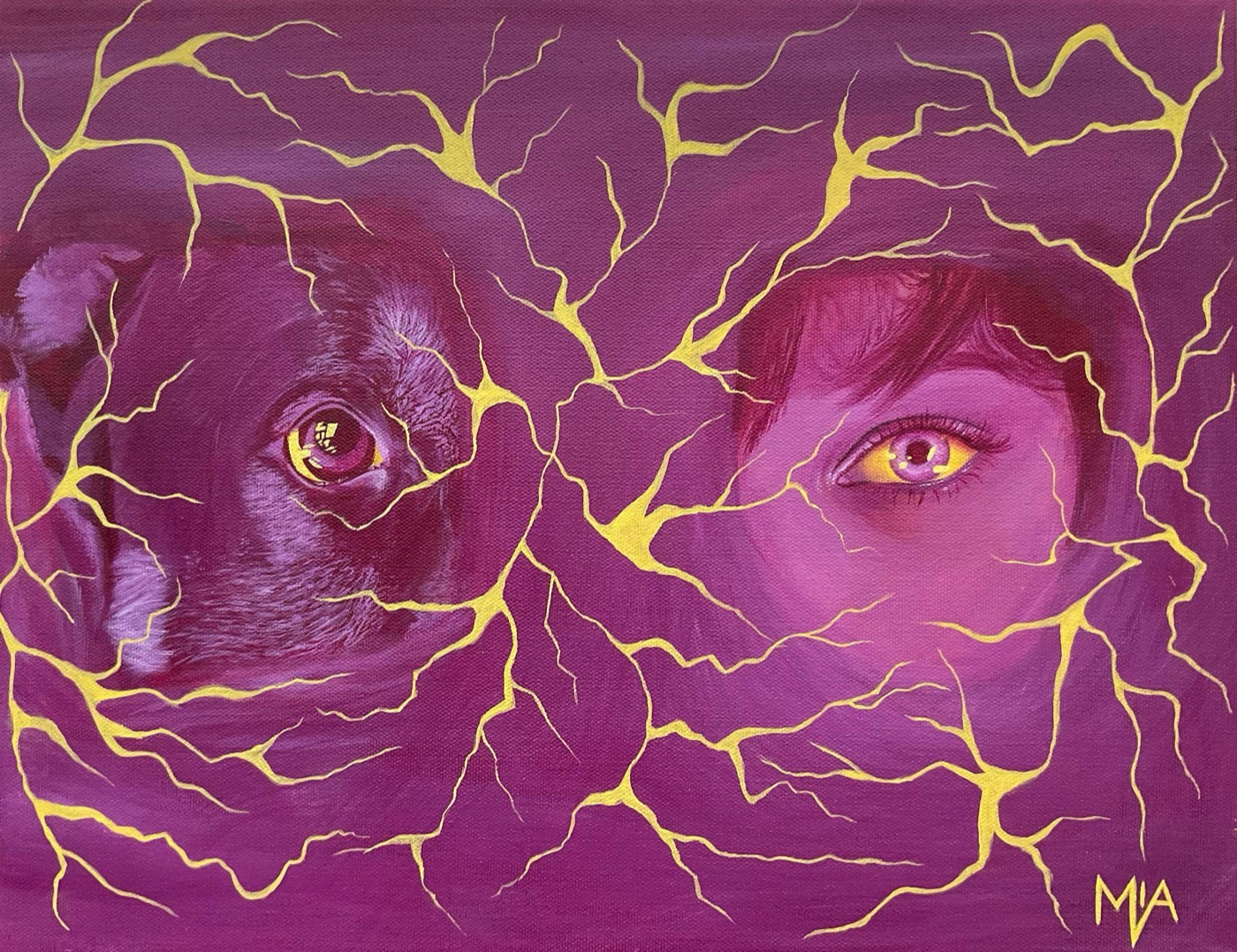 Synaptic Embrace, a painting of a dog and a person's eyes connected by golden neural lines