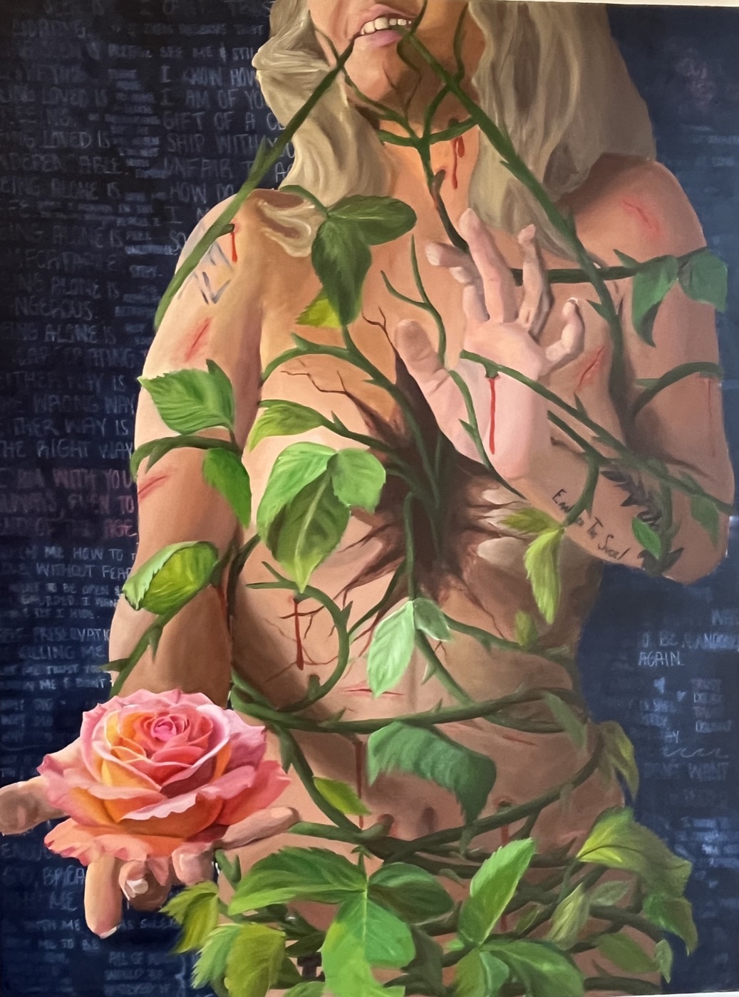Tender Defenses, a painting of a figure wrapped in thorned vines holding a rose