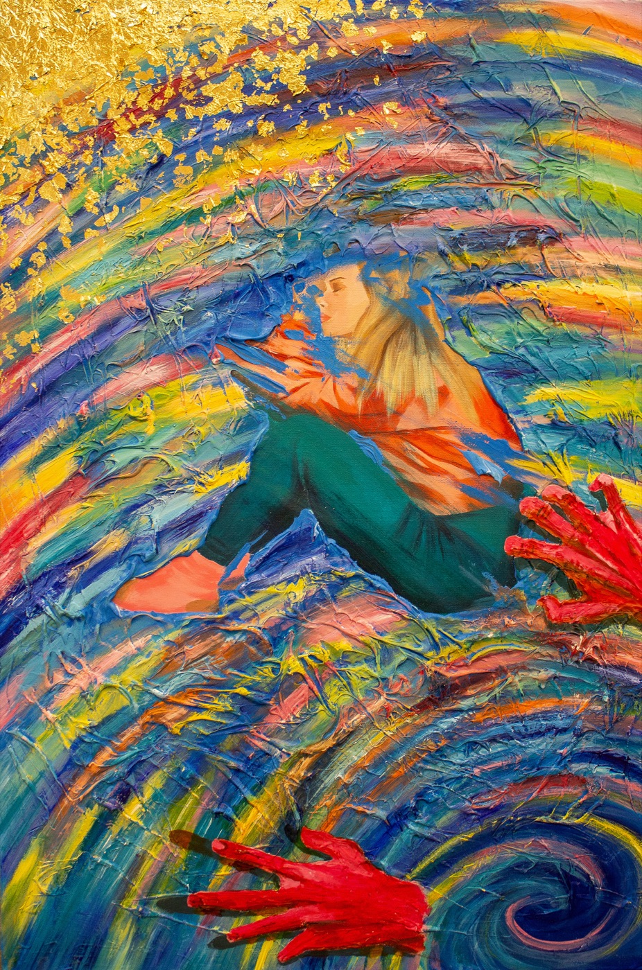 The In Between, a colorful abstract painting of a figure amid swirling waves