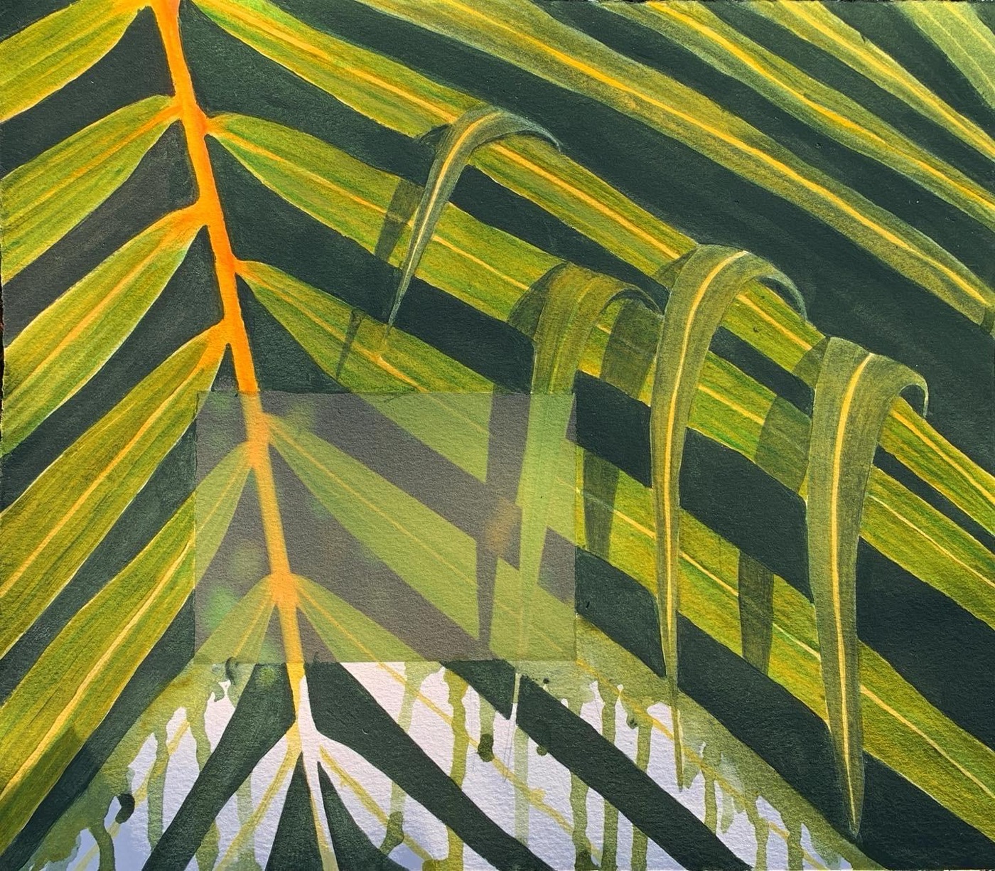 Tropical Rain, a painting of palm leaves with dripping green paint