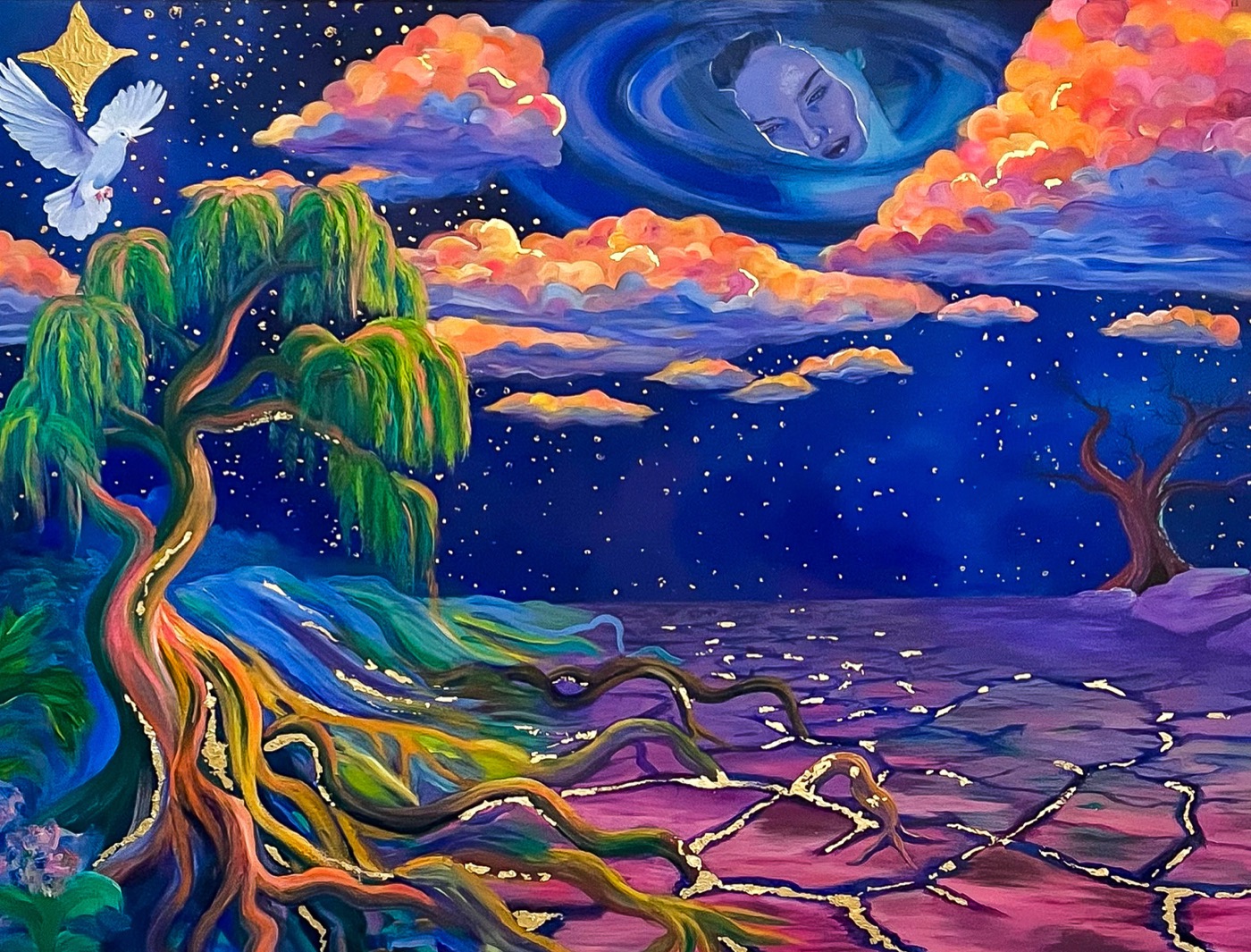 Weak Mind, Strong God, a painting of a willow tree under a starry sky