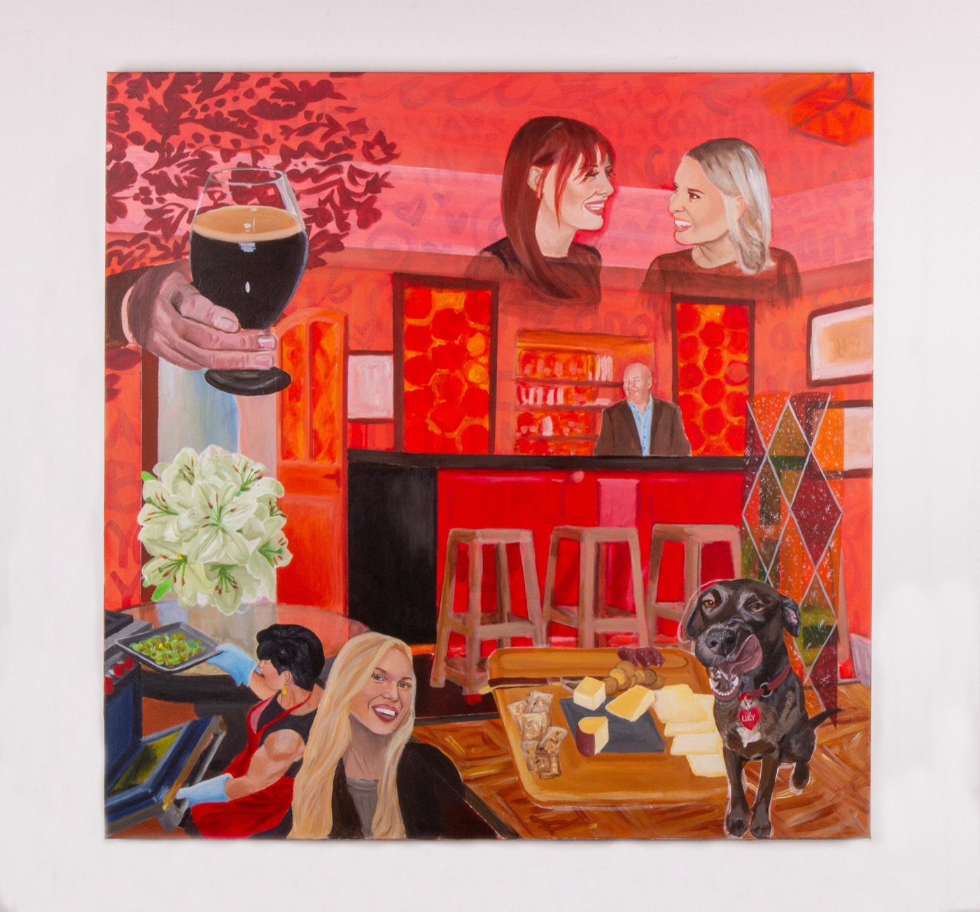 Where We Gather I, a painting of people and a dog gathered around a bar
